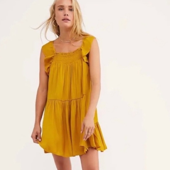 Intimately Free People Want Your Love Slip Dress Yellow Gold Small Mustard Mini - Picture 1 of 13